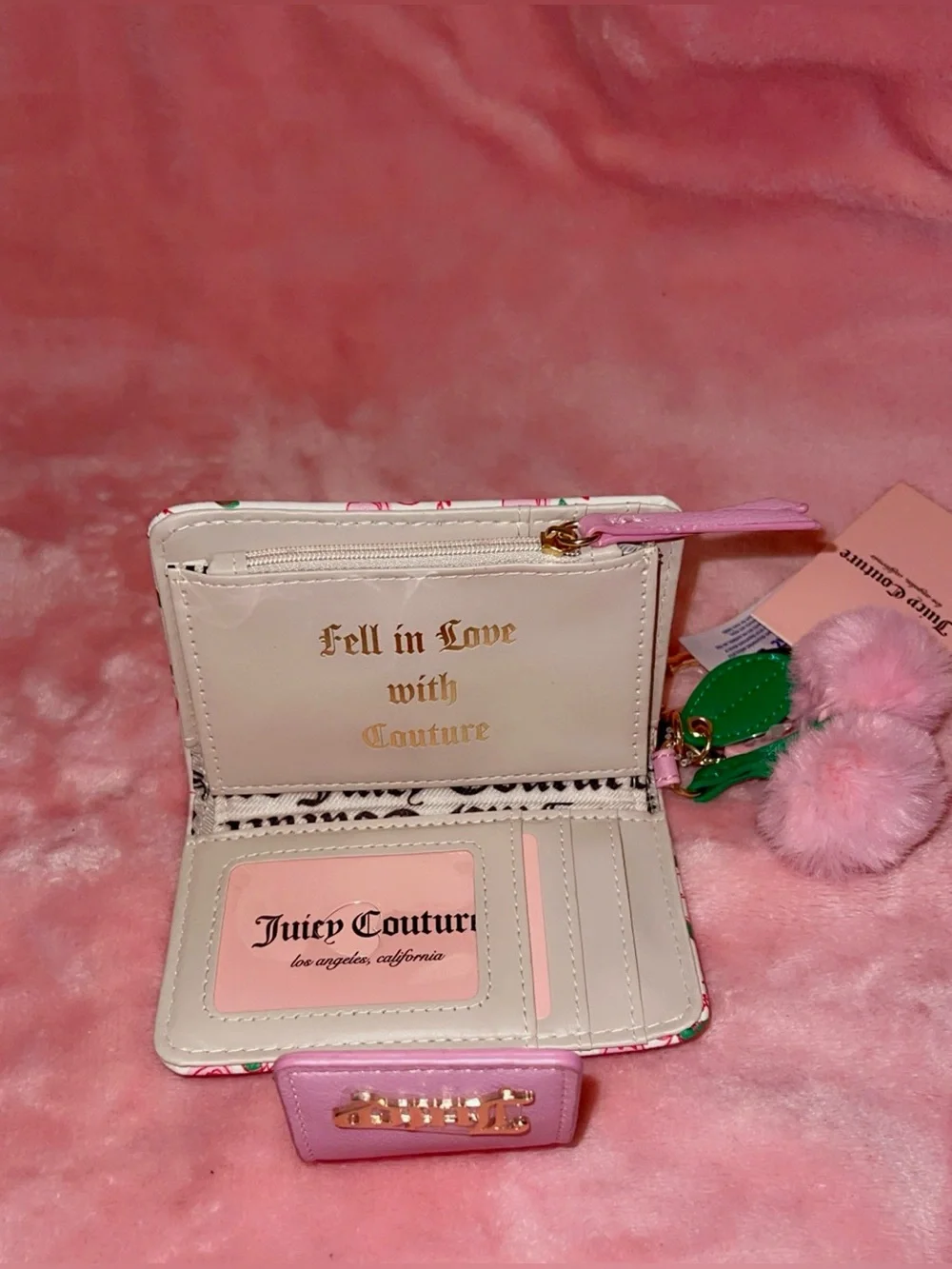 Juicy Couture Pink & Soft White Cherry Accent Mini Wallet with Cherry Pom Charm